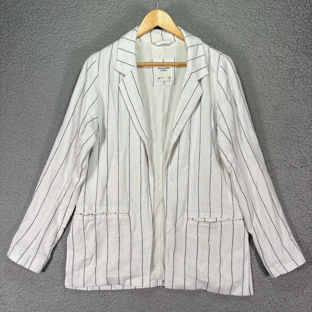 Abercrombie & Fitch Linen Blazer Women's M White Pinstriped Open Jacket y2K vtg
